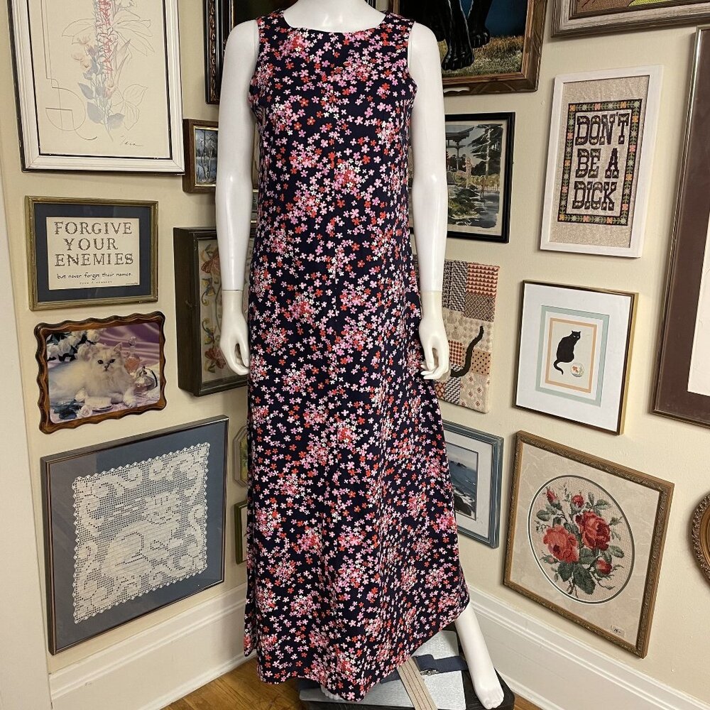 70s Vintage Navy Red Pink Floral Print  Sleeveless Maxi Dress Size M